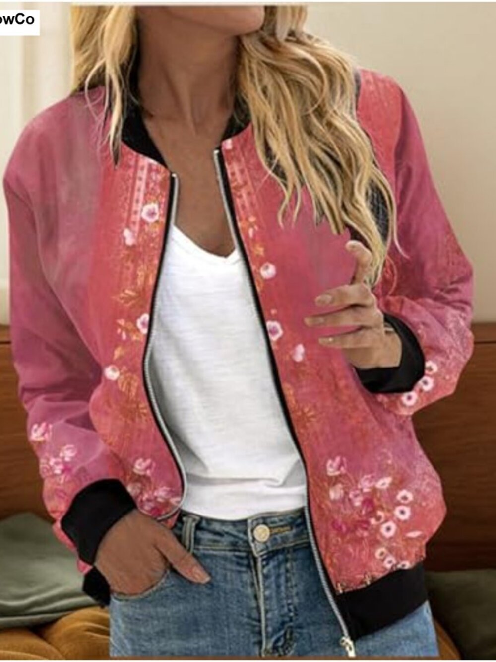 Women's Floral Print Bomber Jacket Lightweight Zip Vintage Casual Outwear - Picture 2 of 3